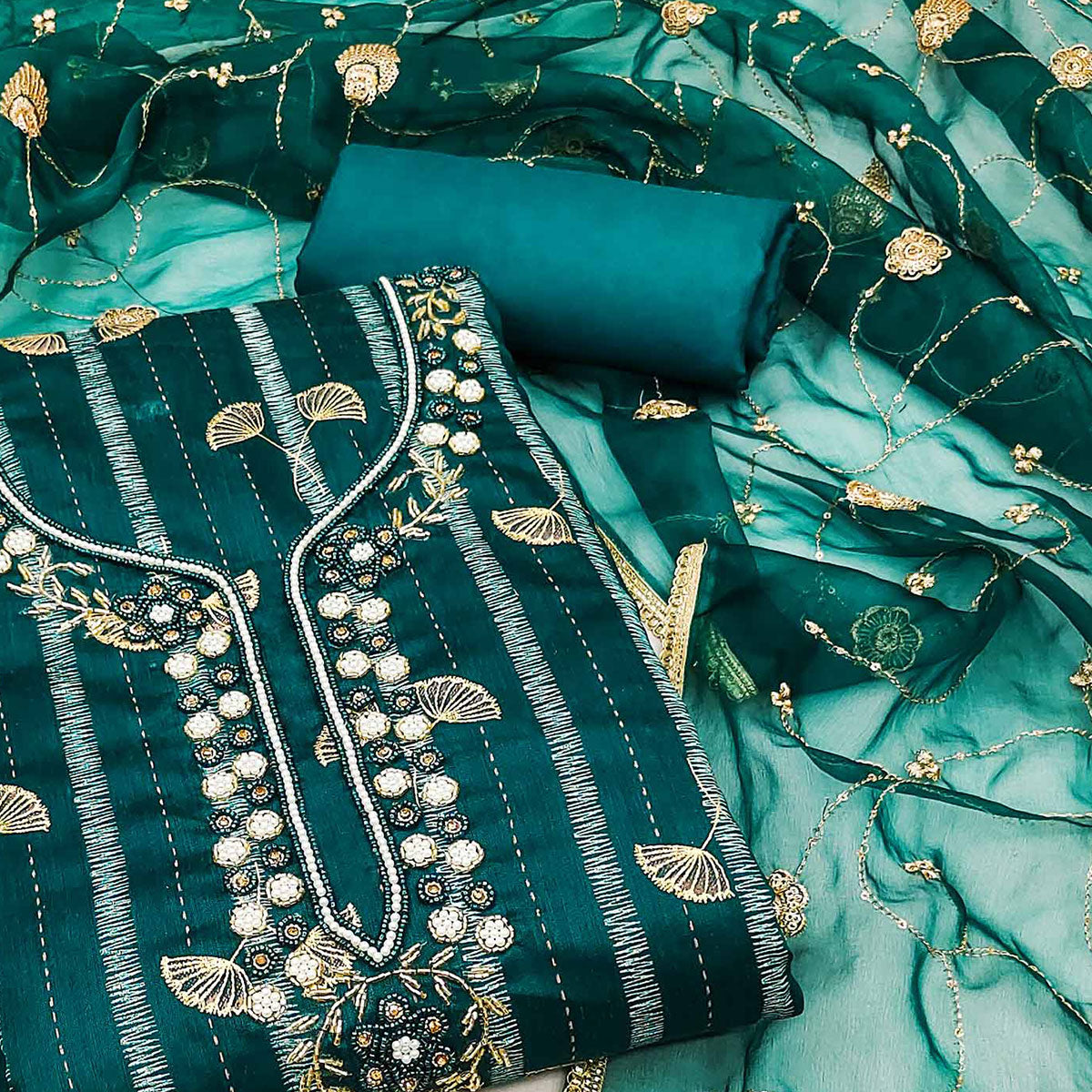 Teal Foil Printed Chanderi Silk Dress Material
