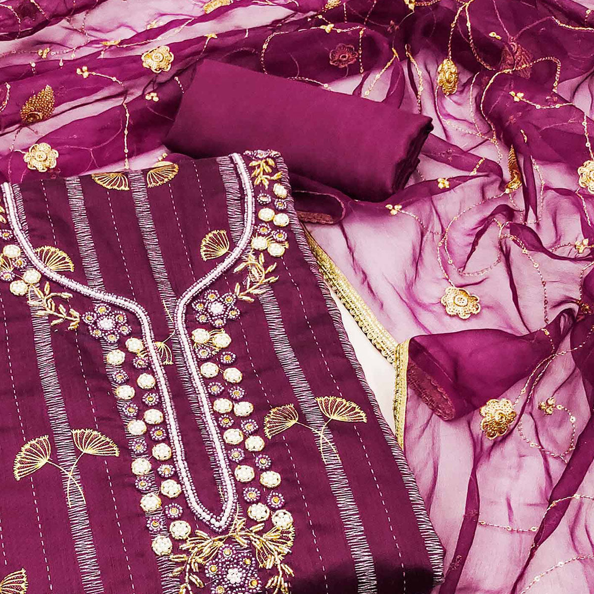 Wine Foil Printed Chanderi Silk Dress Material