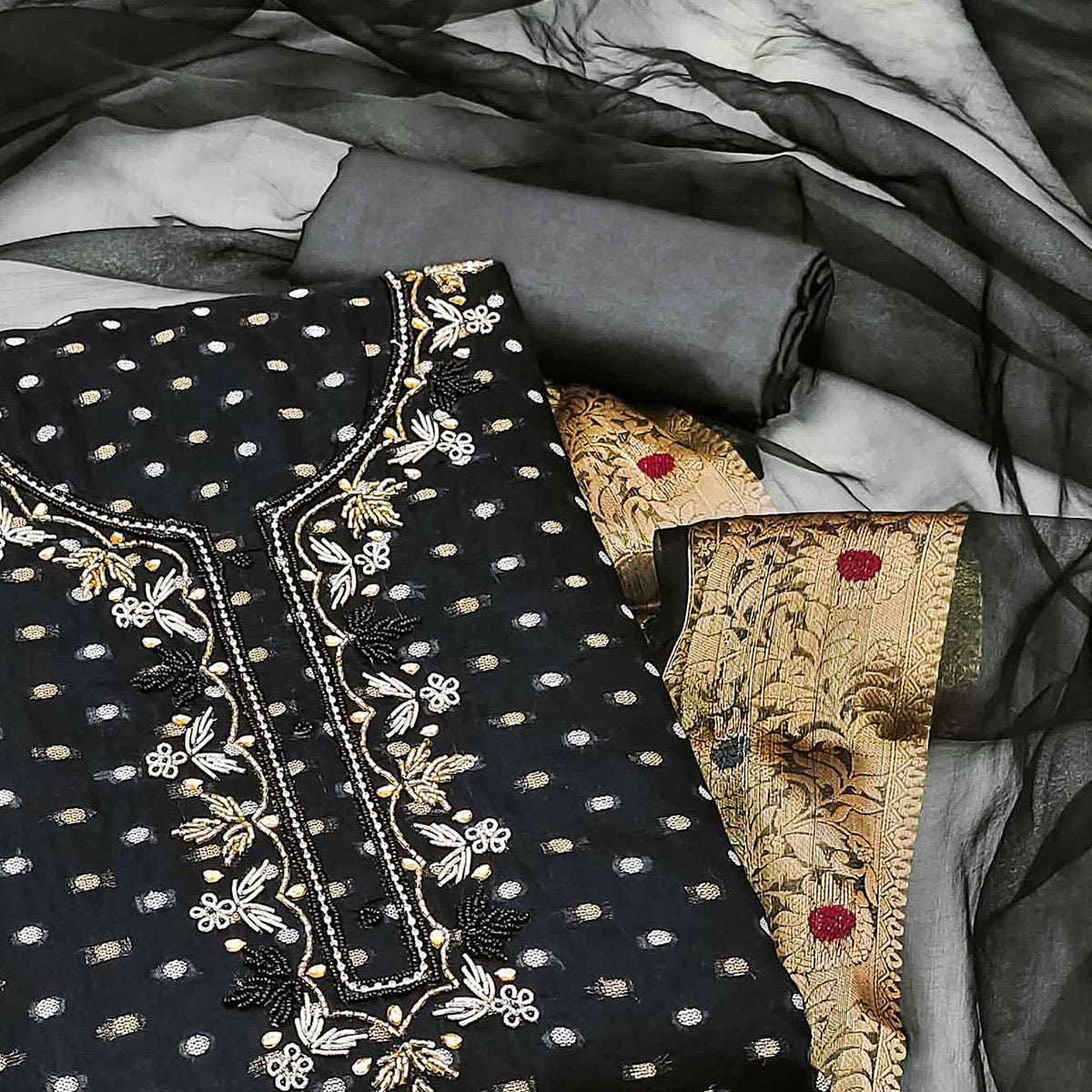 Black Woven Chanderi Silk Dress Material