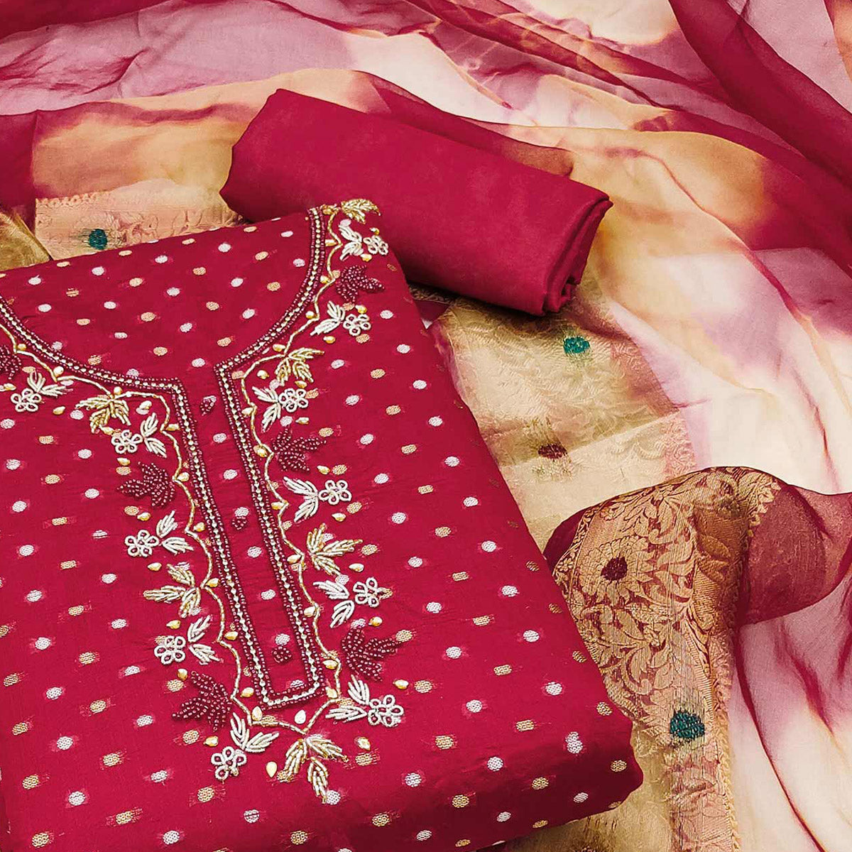 Pink Woven Chanderi Silk Dress Material