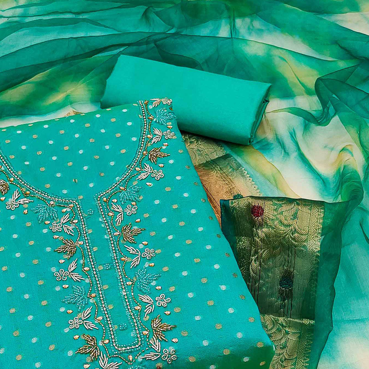 Turquoise Woven Chanderi Silk Dress Material