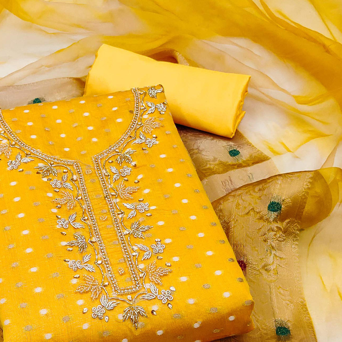 Yellow Woven Chanderi Silk Dress Material