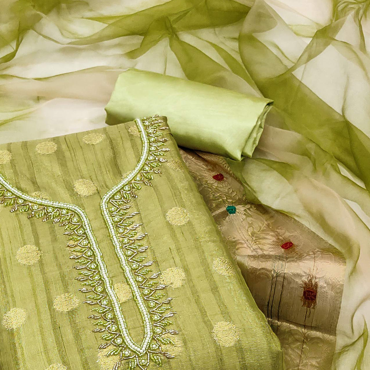 Green Woven Chanderi Silk Dress Material