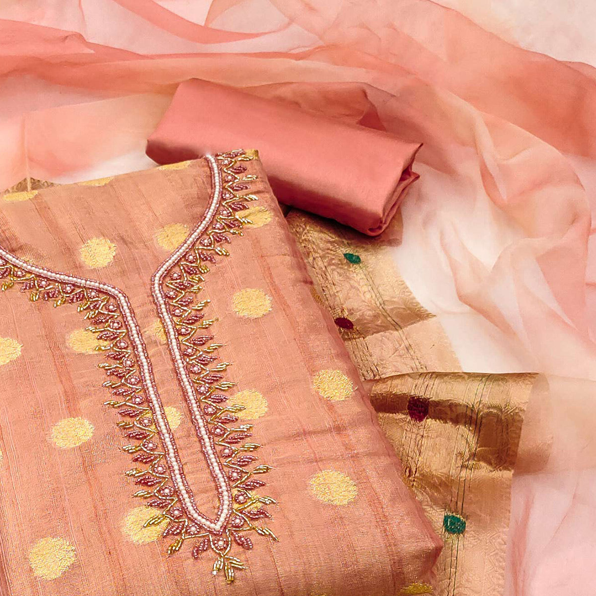 Peach Woven Chanderi Silk Dress Material