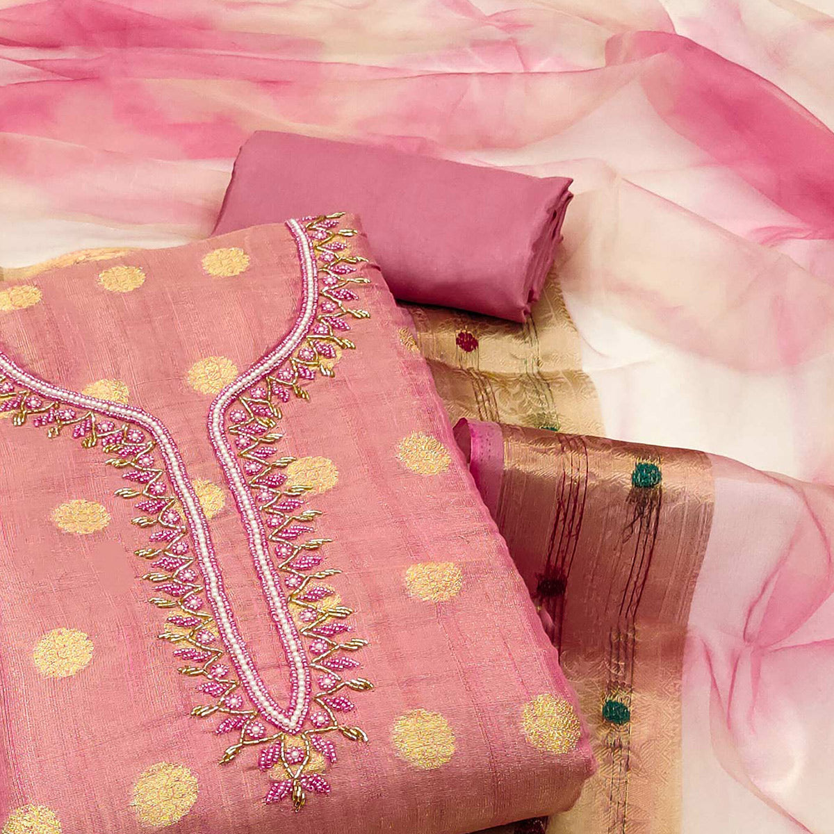 Pink Woven Chanderi Silk Dress Material