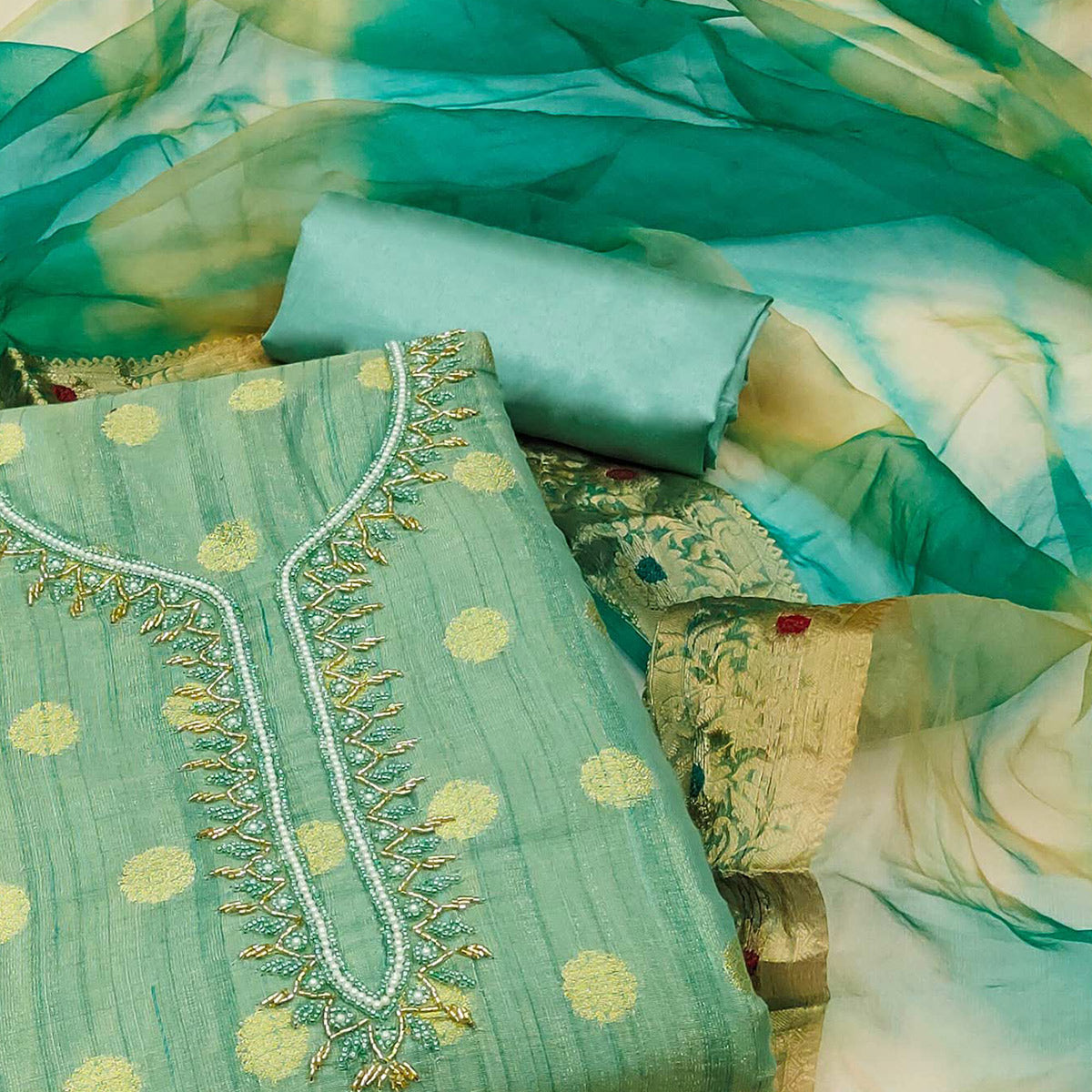 Sea Green Woven Chanderi Silk Dress Material