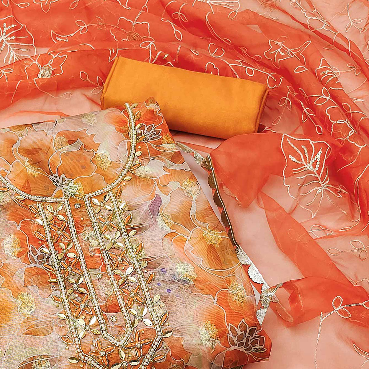 Orange Floral Digital Printed Organza Dress Material
