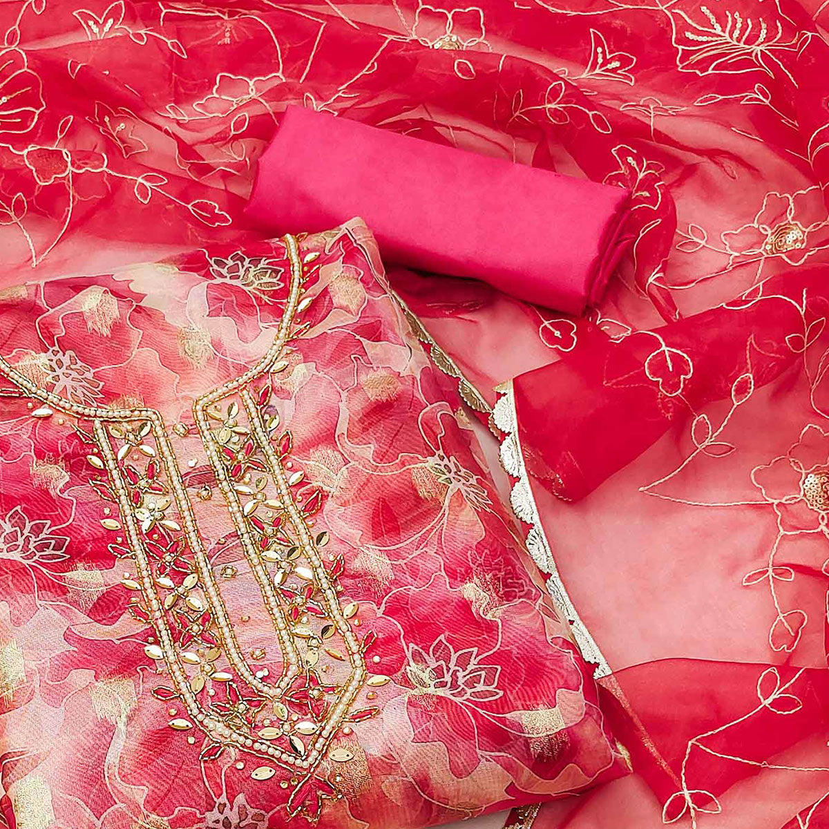 Rani Pink Floral Digital Printed Organza Dress Material