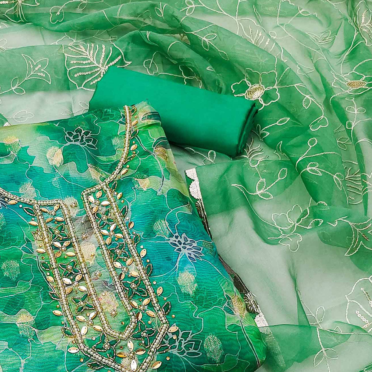 Sea Green Floral Digital Printed Organza Dress Material