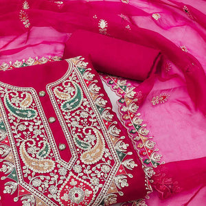 Pink Floral Embroidered Organza Dress Material