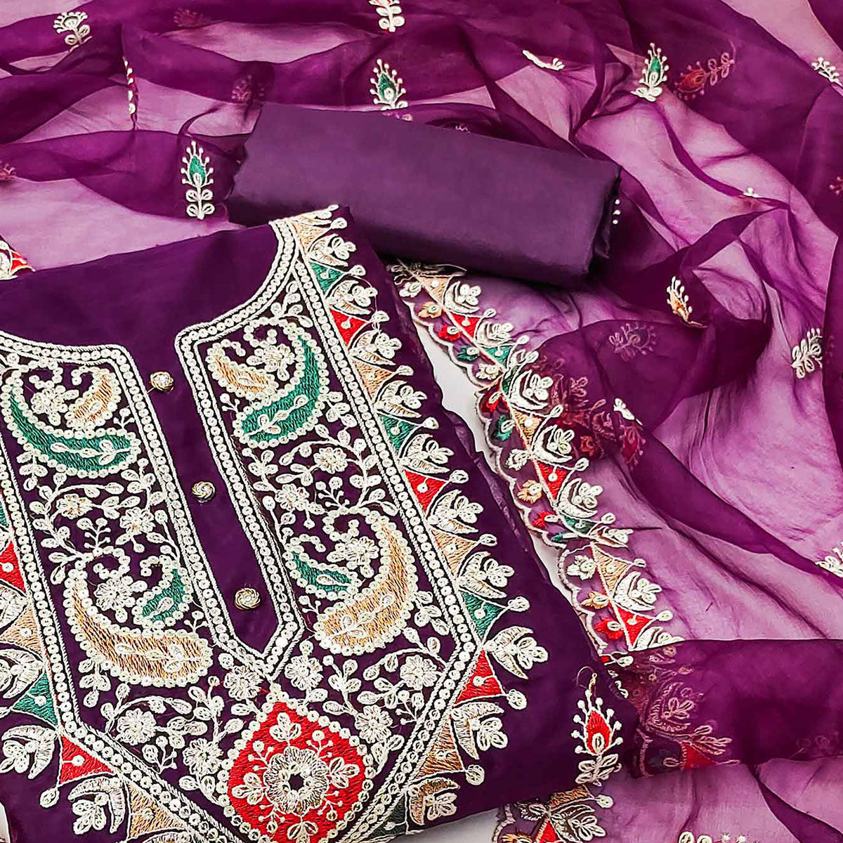 Purple Floral Embroidered Organza Dress Material