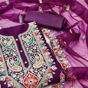 Purple Floral Embroidered Organza Dress Material