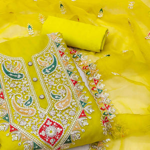 Yellow Floral Embroidered Organza Dress Material