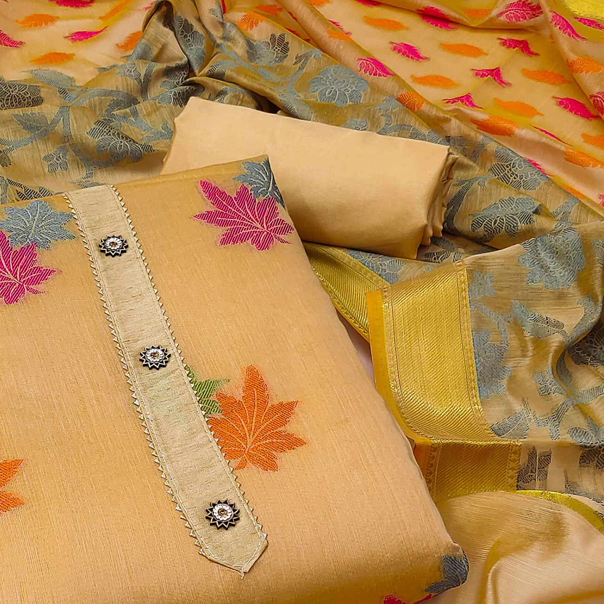 Chikoo Woven Banarasi Silk Dress Material