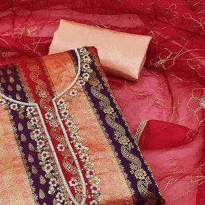 Peach & Red Woven With Handwork Banarasi Silk Dress Material