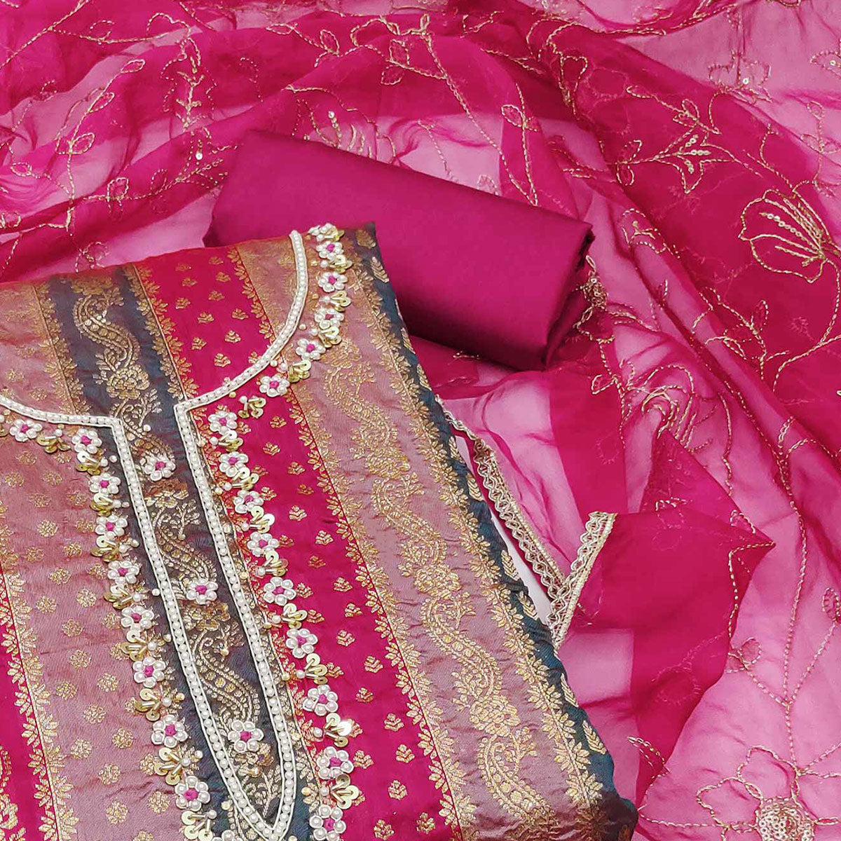 Pink Woven With Handwork Banarasi Silk Dress Material