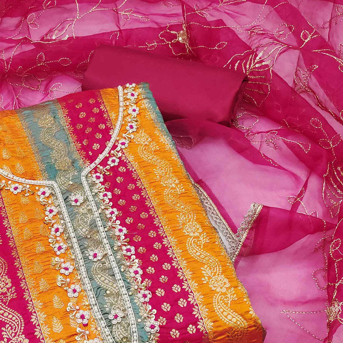 Pink & Orange Woven With Handwork Banarasi Silk Dress Material