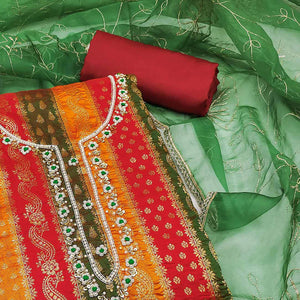 Red & Green Woven With Handwork Banarasi Silk Dress Material