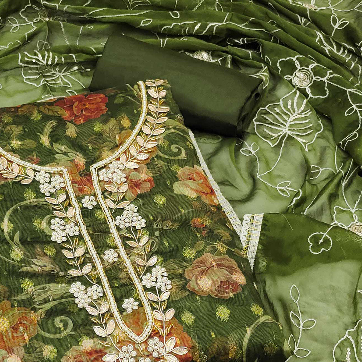 Green Floral Digital Printed With Moti Work Organza Dress Material