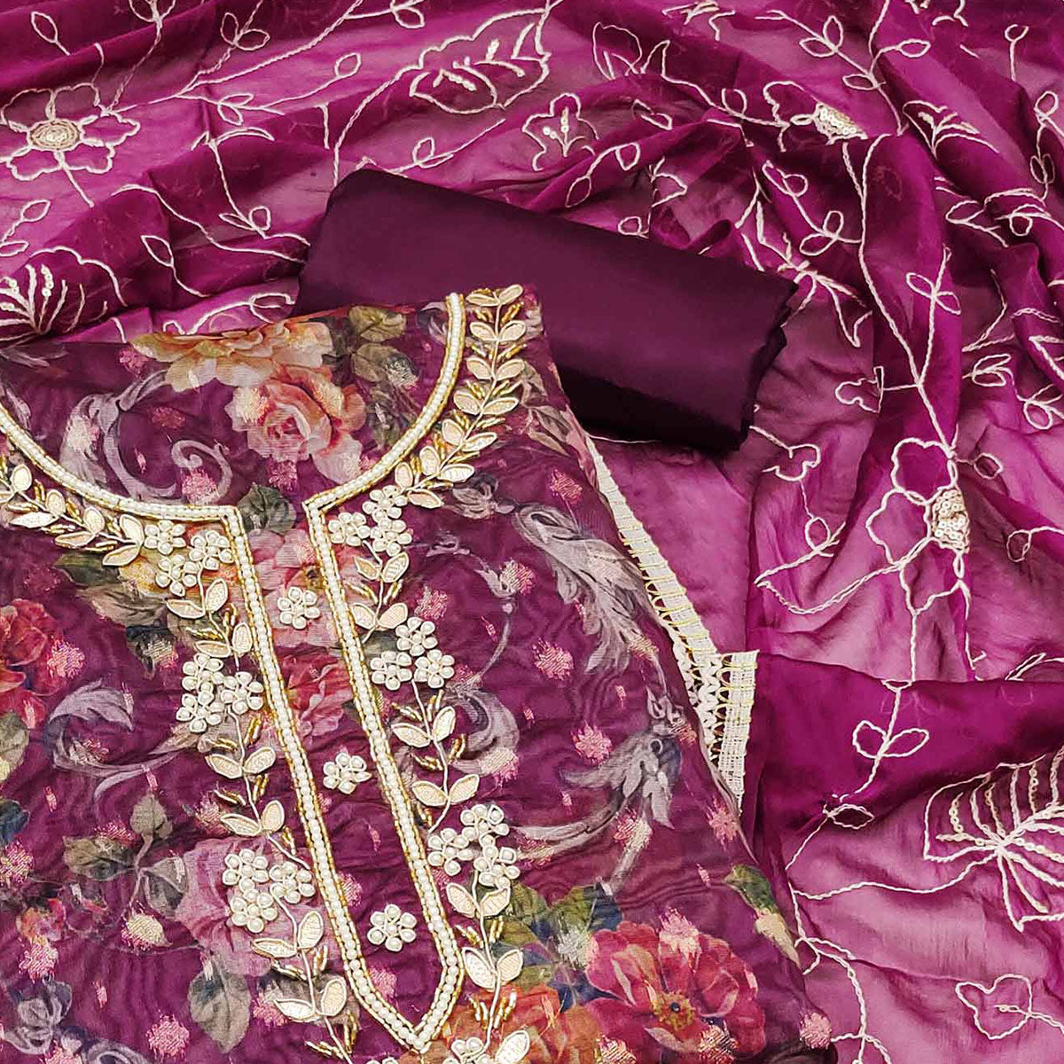Purple Floral Digital Printed With Moti Work Organza Dress Material