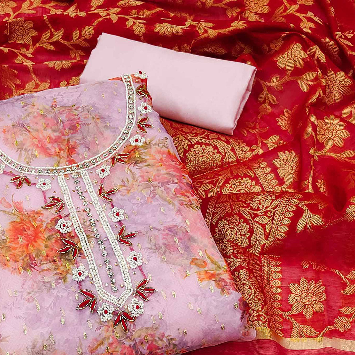 Pink Floral Digital Printed With Handwork Organza Dress Material