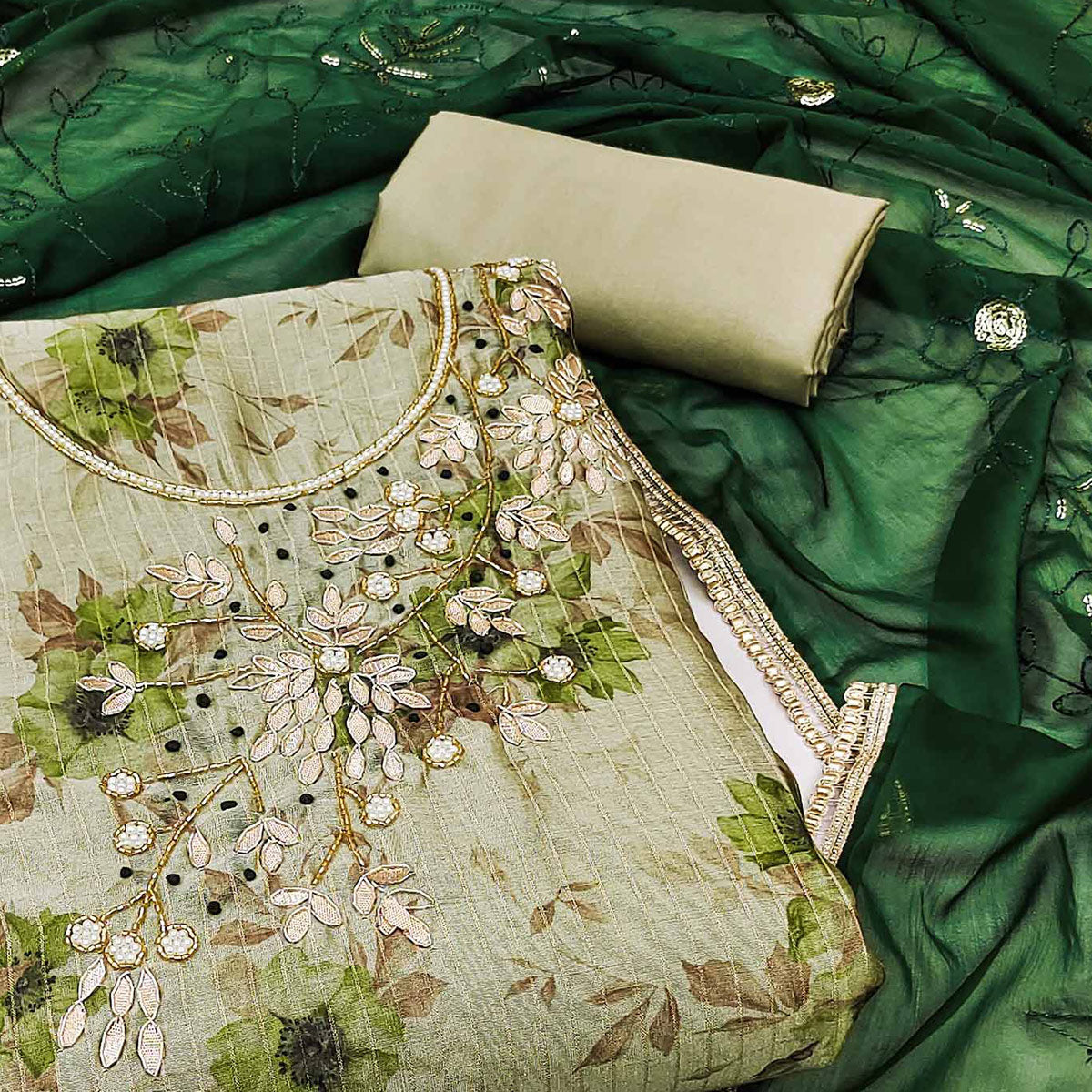 Green Floral Digital Printed With Handwork Chanderi Silk Dress Material