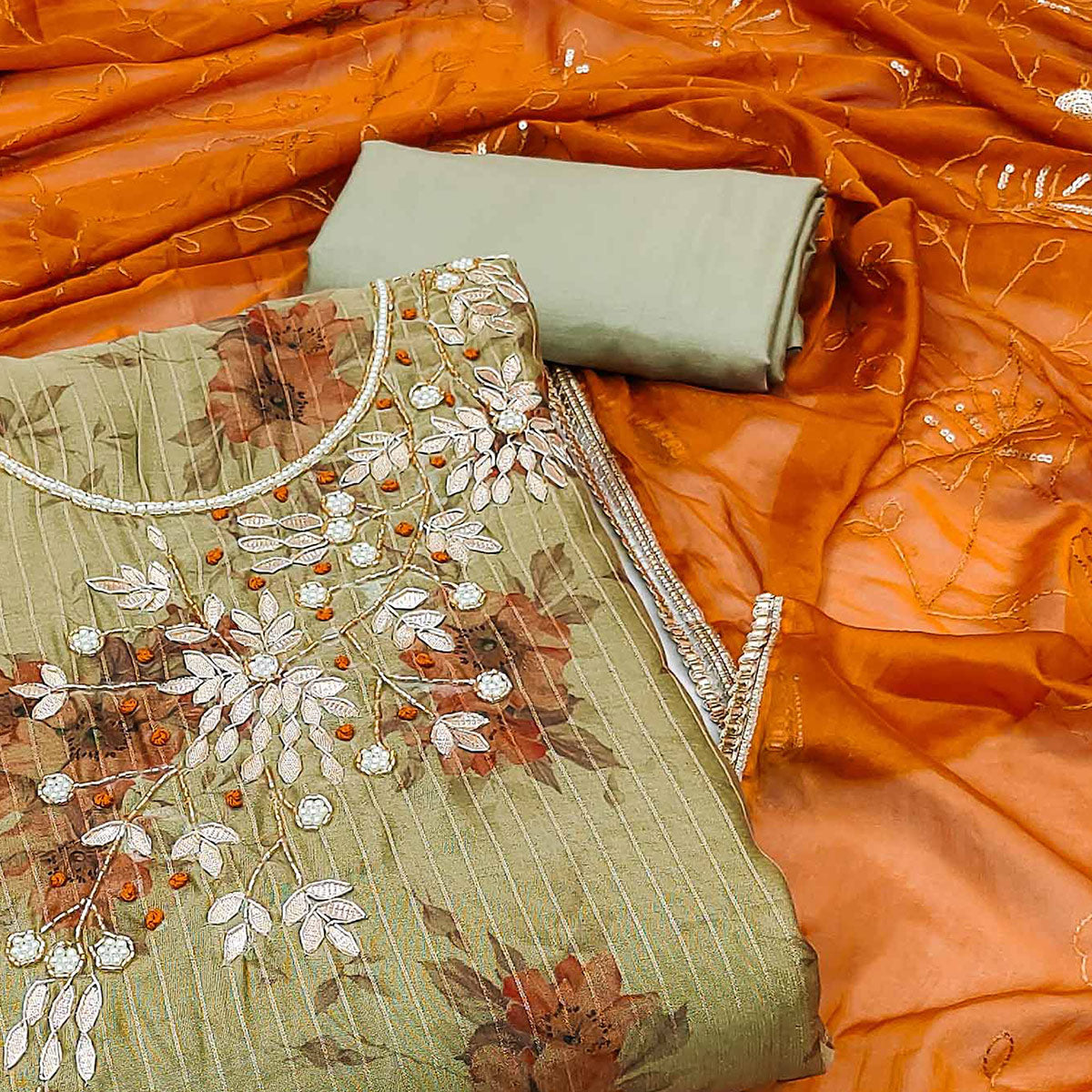 Green & Orange Floral Digital Printed With Handwork Chanderi Silk Dress Material