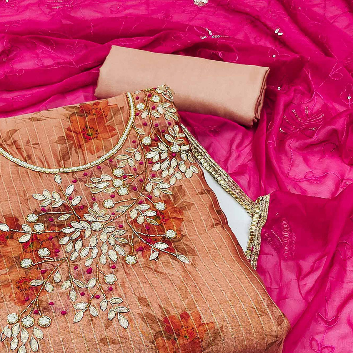 Peach & Pink Floral Digital Printed With Handwork Chanderi Silk Dress Material