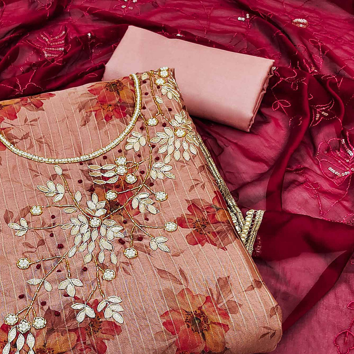 Peach & Wine Floral Digital Printed With Handwork Chanderi Silk Dress Material