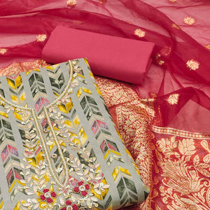 Grey Digital Printed With Handwork Pure Cotton Dress Material