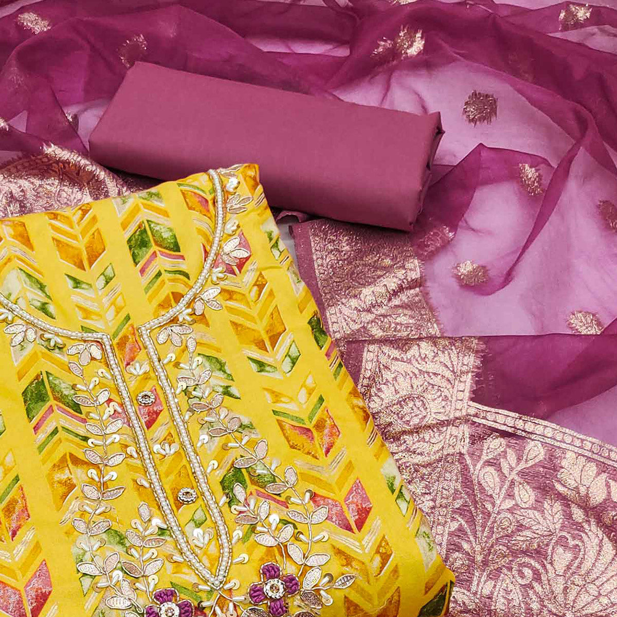 Yellow Digital Printed With Handwork Pure Cotton Dress Material