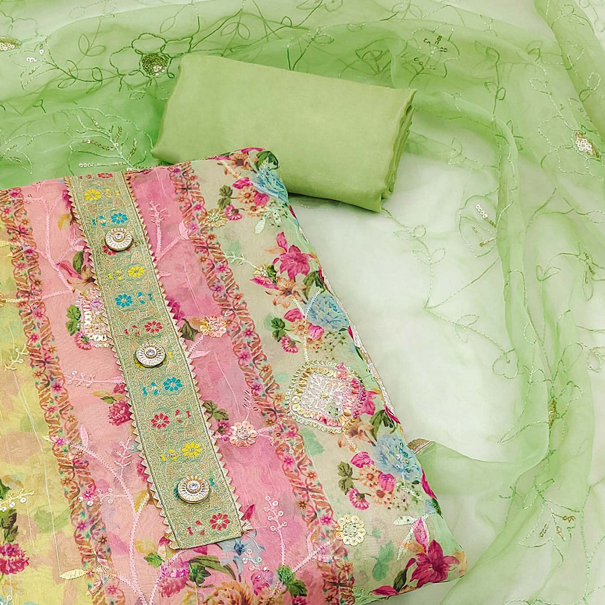 Green Floral  Embroidered With Printed Organza Dress Material