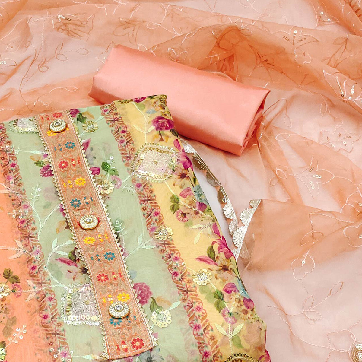 Peach Floral  Embroidered With Printed Organza Dress Material