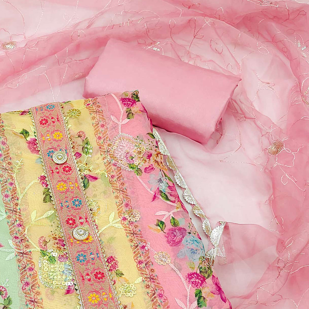 Pink Floral  Embroidered With Printed Organza Dress Material