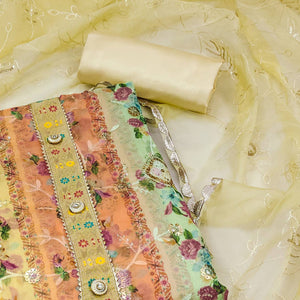 Yellow Floral  Embroidered With Printed Organza Dress Material