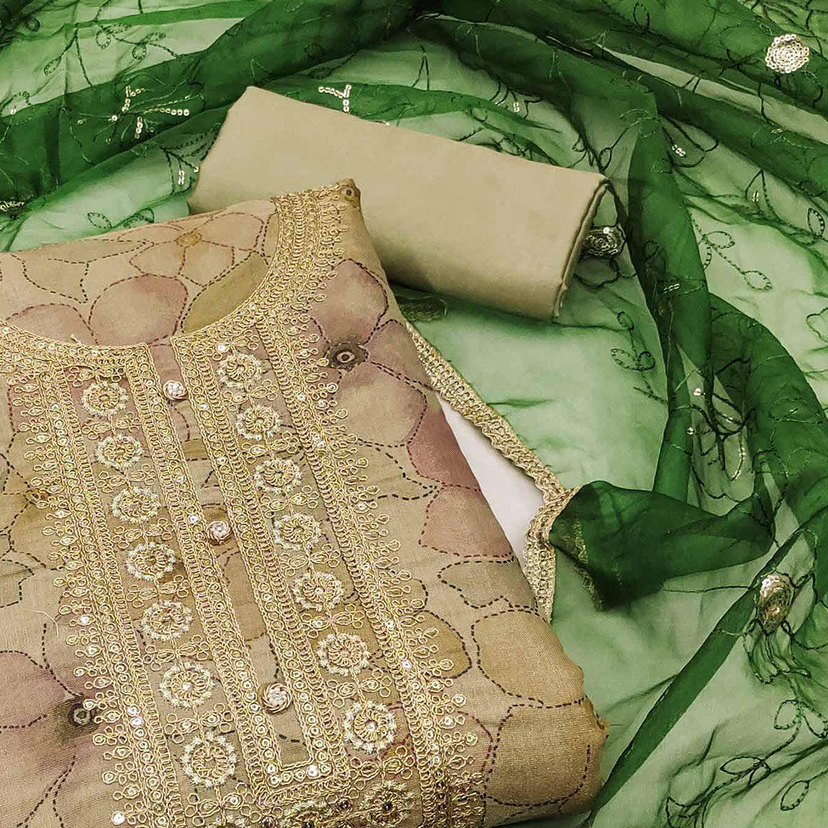 Green Floral Digital Printed Cotton Blend Dress Material