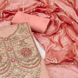 Peach Embroidered Viscose Dress Material