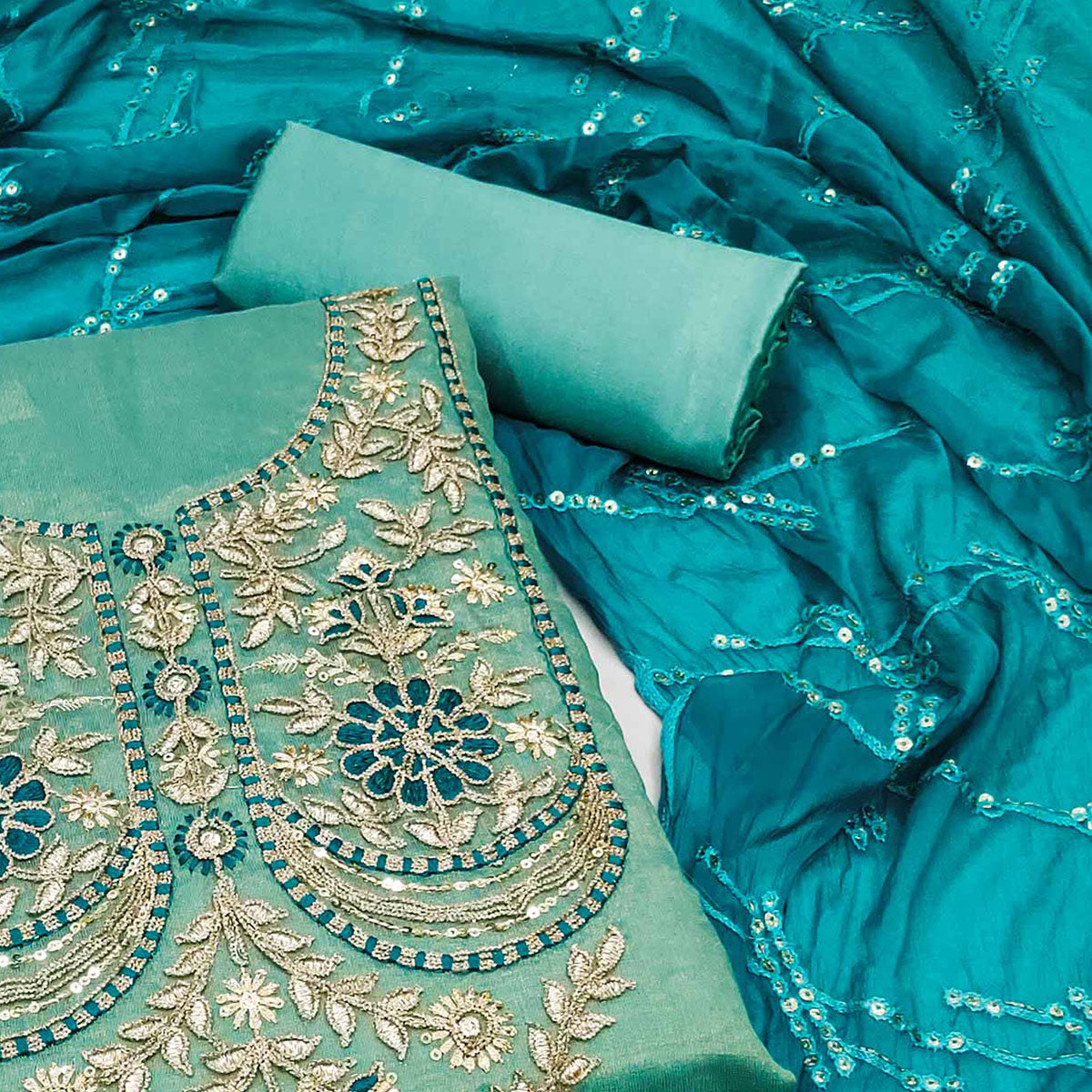 Turquoise Embroidered Viscose Dress Material