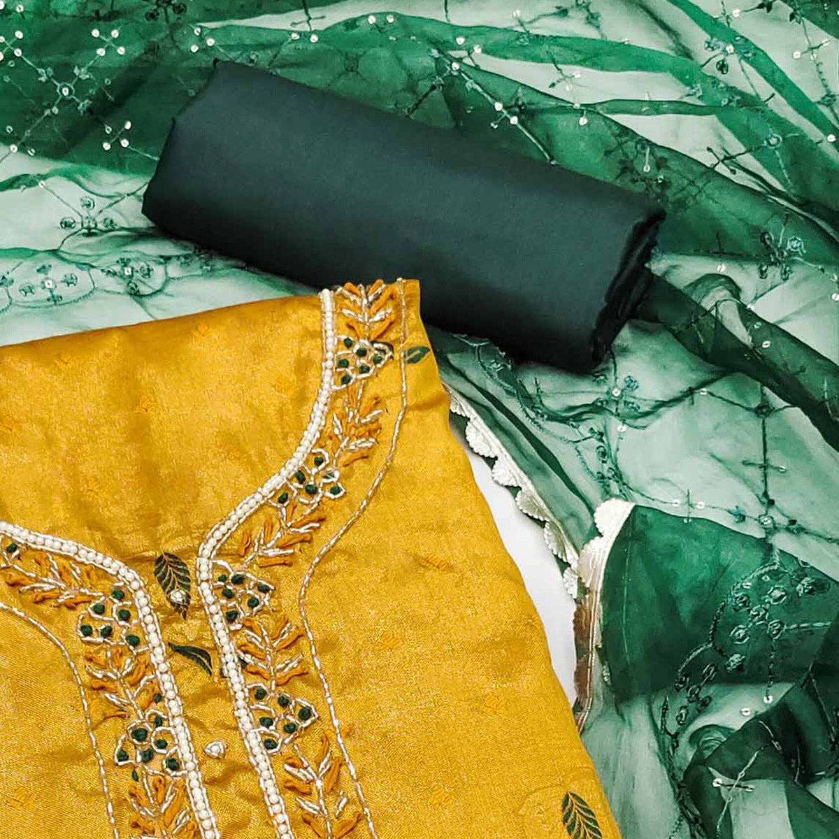 Mustard Woven Banarasi Silk Dress Material