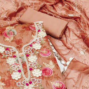 Dark Peach Woven Chanderi Silk Dress Material