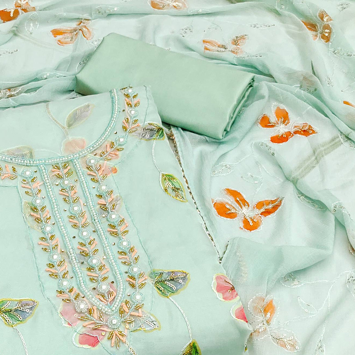 Sea Green Floral Printed Organza Dress Material