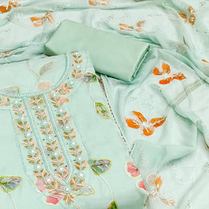Sea Green Floral Printed Organza Dress Material