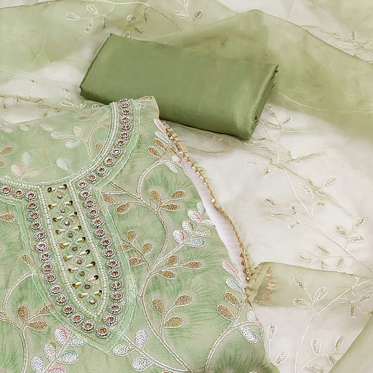 Green Embroidered Organza Dress Material