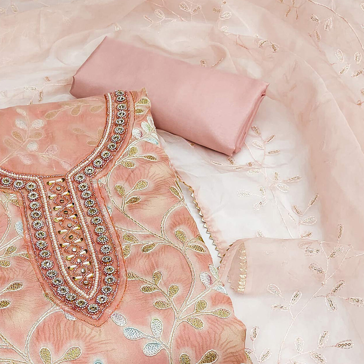 Peach Embroidered Organza Dress Material