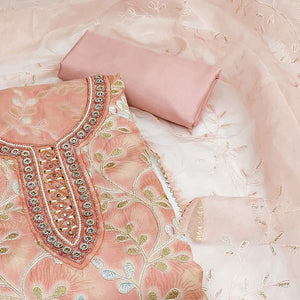 Peach Embroidered Organza Dress Material