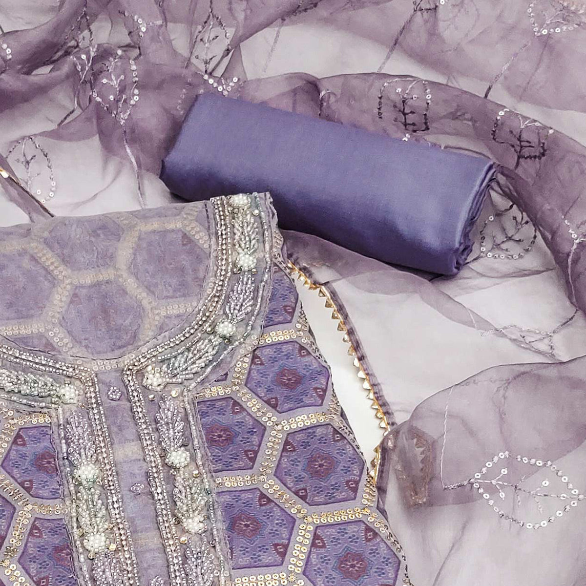 Lavender Printed Organza Dress Material