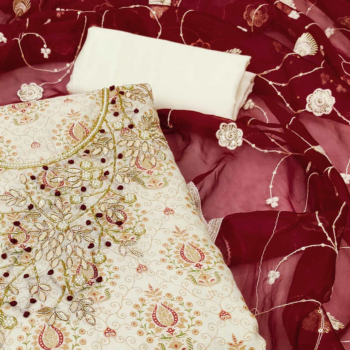 Off White & Maroon Printed Chanderi Silk Dress Material