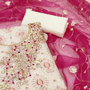 Off White & Pink Printed Chanderi Silk Dress Material