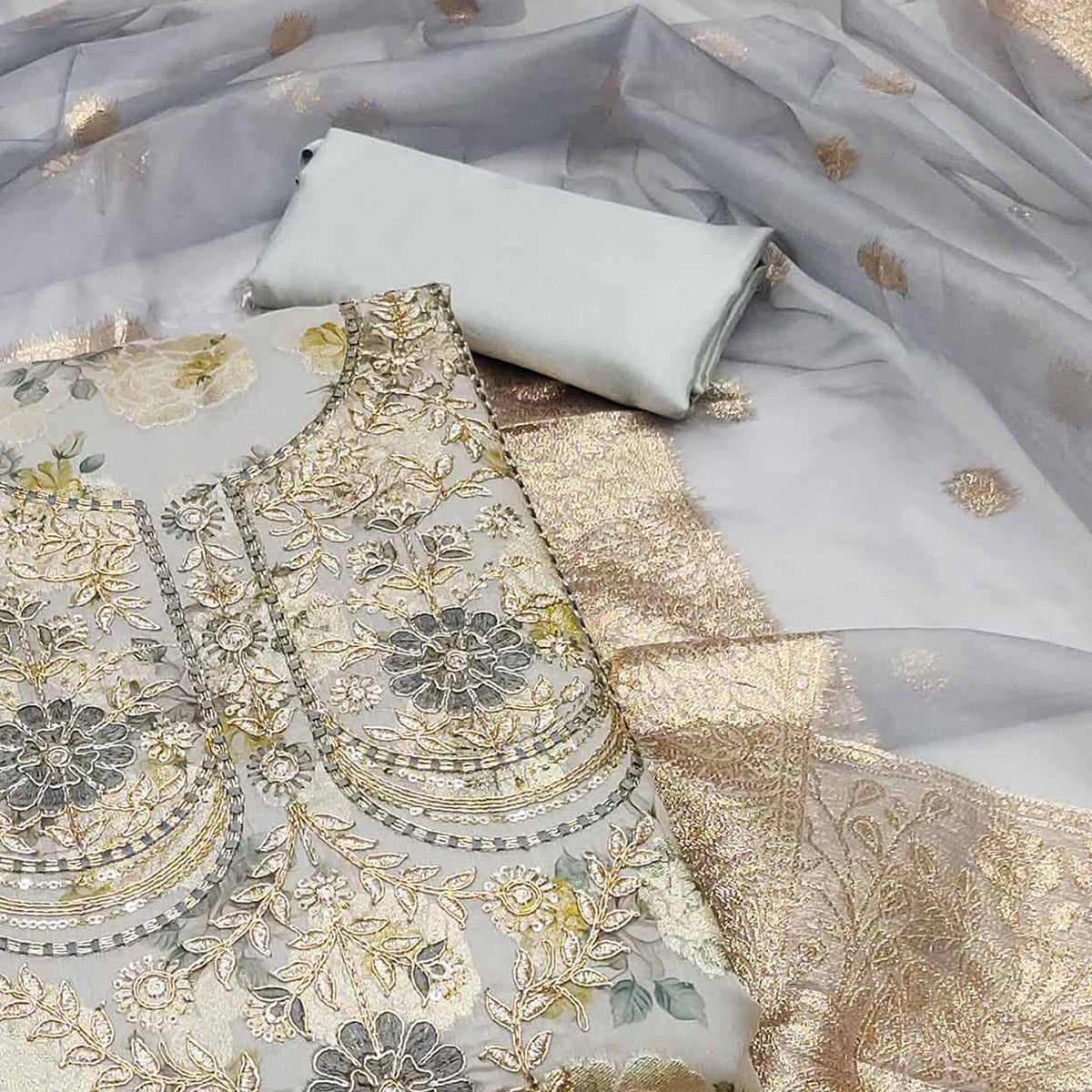 Grey Floral Woven Banarasi Silk Dress Material