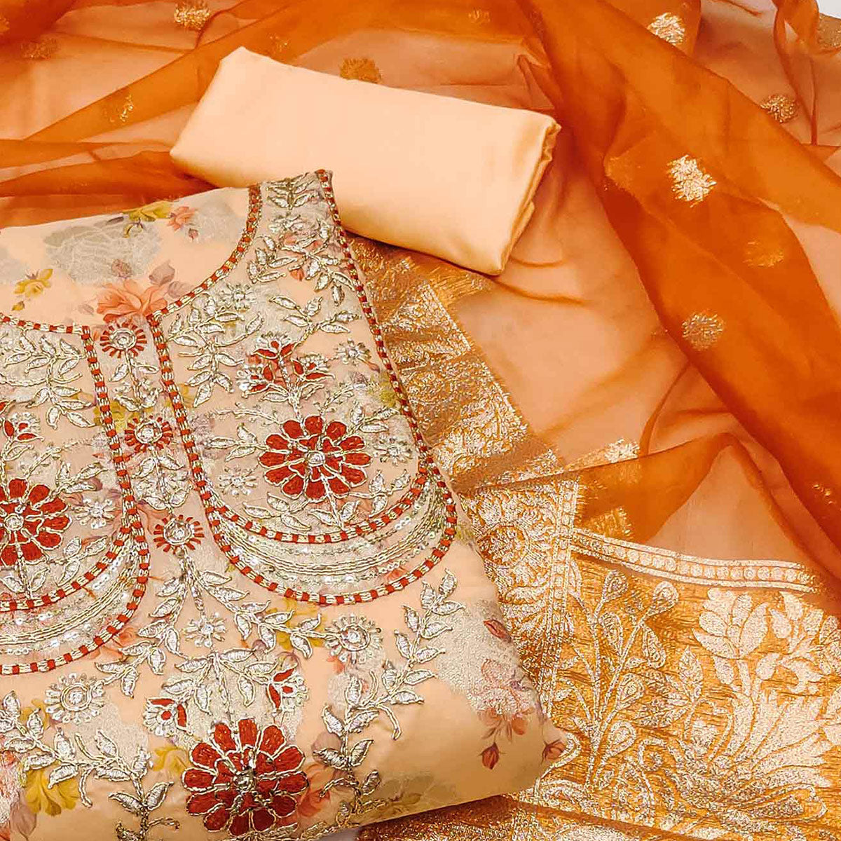 Light Orange Floral Woven Banarasi Silk Dress Material